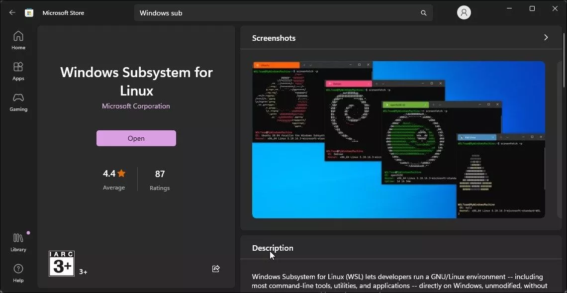  در Microsoft Store، Windows Subsystem for Linux (WSL) را جستجو و برنامه را نصب نمایید